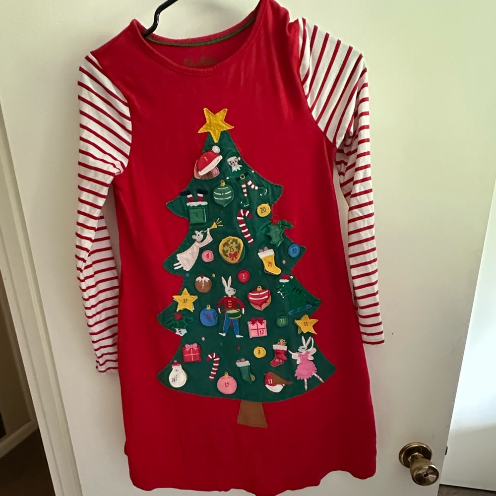 Mini Boden Red Dress with Green Christmas Tree and White-Red Striped Sleeves